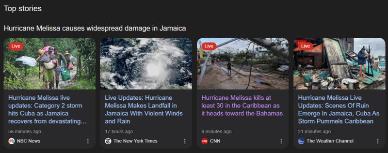 Hurricane Melissa Top Stories with the "Live" badge.